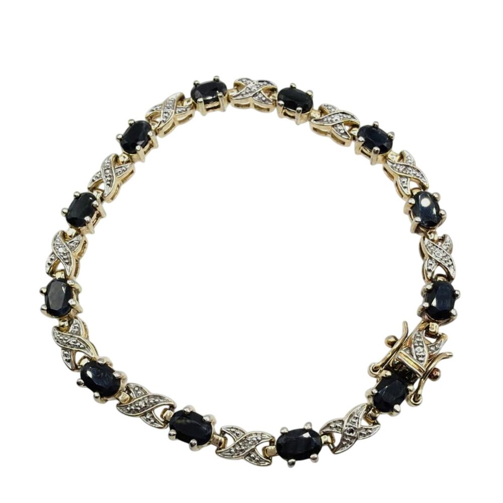 Blue Sapphire and Gold Plated Over Sterling Silver Tennis Bracelet With Diamonds